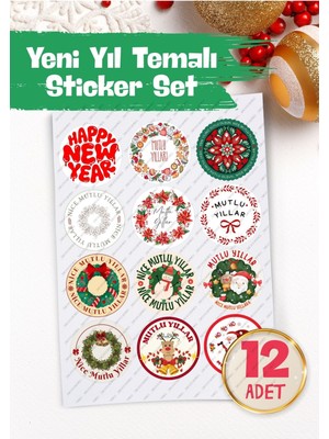 One Little Happiness 12 Adet 6,5 cm Yılbaşı Temalı Etiket, Hediye Paketi Etiketi,yapışkanlı Sticker,