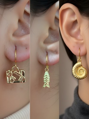 NKT Collection Balık Deniz Kabuğu Bavul Sembol Figürlü 3’lü Kadın Küpe Set