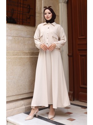 Fitilli Düğmeli Ceket Elbise Tesettür Takım 0219-07 Bej