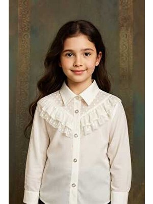 Elayza Göğsü Puanlı Tül Garnili Fırfırlı Uzun Kollu 23 Nisan Kız Çocuk Okul Gömleği - Beyaz Gömlek