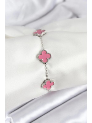 Eco Port 316L Çelik Gümüş Zincir Pembe Renk Yonca Bileklik