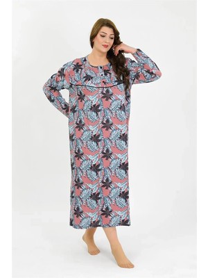 Kadın Büyük Beden Uzun Kol Somon Anne Gecelik