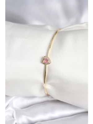 Eco Port Pembe Zirkon Taşlı Kalp Model Gold Renk Kadın Bileklik