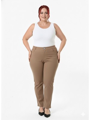 Büyük Beden % 96 Pamuk Full Likralı Yüksek Bel Yan Lastikli Bilek Boy Gabardin Pantolon