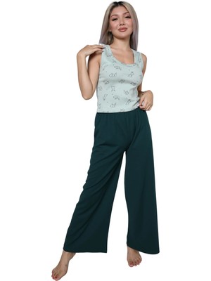 Kadın Kalın Askılı Body Bol Paça Pantolon 2`li Takım Su Yeşili
