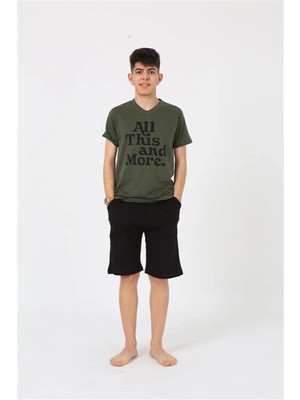 Erkek Genç Garson Boy Kısa Kol Haki Penye Şortlu Pijama Takımı