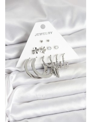 Eco Port Pirinç Gümüş Renk 6 Çift Kadın Küpe Seti