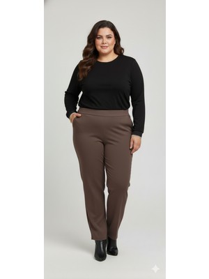 Akşen Giyim Büyük Beden Enine Boyuna  Likralı  Yüksek  Belli Iki Cepli Scuba Krep Pantolon