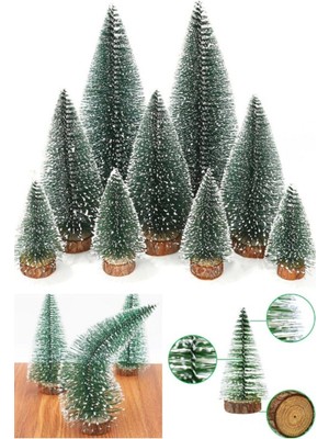 Empressco Kar Efektli 9 Adet Mini Çam Ağaçları Seti, Doğal Ahşap Taban, 8-15 cm