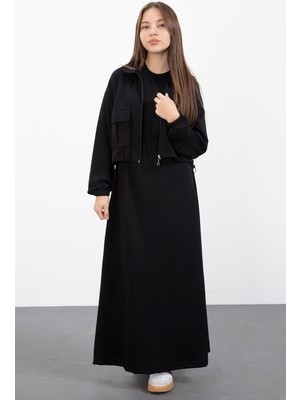 Cansın Mini Siyah Fermuarlı Crop Ceketli Sıfır Kol Kız Çocuk Elbise Takımı  23409