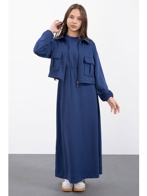 Cansın Mini Lacivert Crop Ceketli Sıfır Kol Kız Çocuk Elbise Takımı Basic Stil Gece İçin