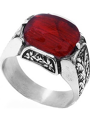 Besen Gümüş Kırmızı Taşlı Elde Kalem İşlemeli Erkek Yüzük