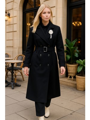 Lale Butik Çıkartılabilir Broş ve Leopar Astar Detay Trençkot 6350 Siyah