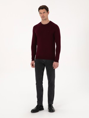 Cacharel Erkek Bordo Slim Fit Pamuk Karışımlı Bisiklet Yaka Triko Kazak 50318676-VR014
