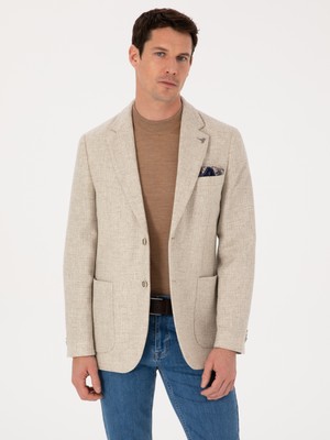 Cacharel Erkek Bej Slim Fit Yün Kaşmir Karışımlı Mikro Desenli Ceket 50310754-VR011