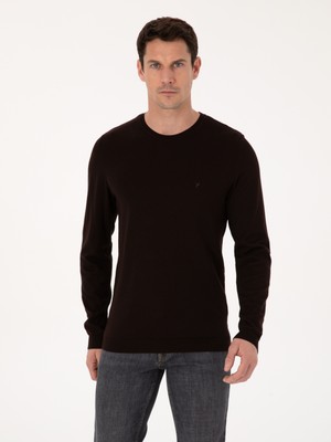 Cacharel Erkek Kahverengi Slim Fit Pamuk Karışımlı Bisiklet Yaka Basic Triko Kazak 50318620-VR029