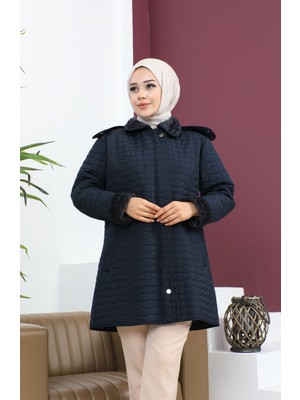 Sefa Merve Büyük Beden Kare Desen Kapitone Mont 6141-02 Lacivert