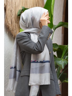 Vissona %100 Ipek Çiçek Desenli Gümüş Renkli 92X210 Şal