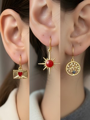 NKT Collection Kırmızı Kutup Yıldızı Hayat Ağacı Kalp Zarf Sembol Figürlü 3’lü Kadın Küpe Set