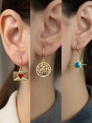 NKT Collection Mavi Kutup Yıldızı Hayat Ağacı Kalp Zarf Sembol Figürlü 3’lü Kadın Küpe Set