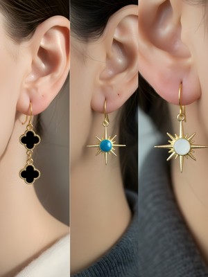 NKT Collection Beyaz Kutup Yıldızı Mavi Kutup Yıldızı Siyah Yonca Sembol Figürlü 3’lü Kadın Küpe Set