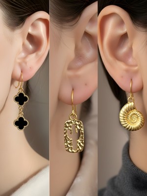 NKT Collection Kaktüs Deniz Kabuğu Siyah Yonca Sembol Figürlü 3’lü Kadın Küpe Set