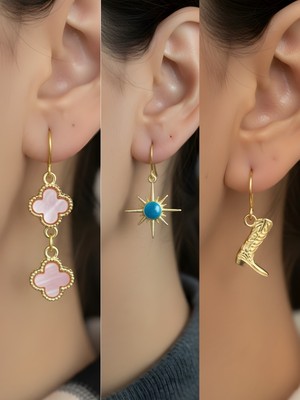 NKT Collection Kovboy Çizmesi Mavi Kutup Yıldızı Pembe Yonca Sembol Figürlü 3’lü Kadın Küpe Set