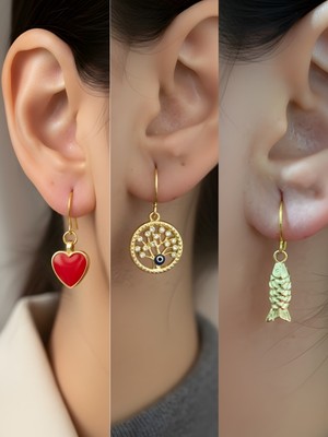 NKT Collection Balık Hayat Ağacı Kırmızı Kalp Sembol Figürlü 3’lü Kadın Küpe Set