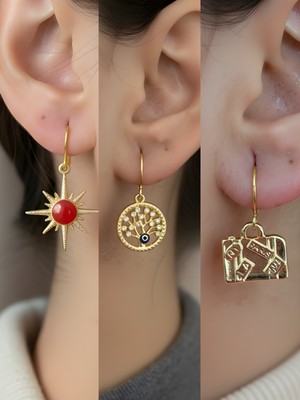 NKT Collection Bavul Kırmızı Kutup Yıldızı Hayat Ağacı Sembol Figürlü 3’lü Kadın Küpe Set