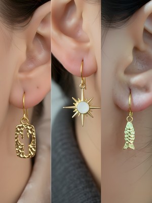 NKT Collection Beyaz Kutup Yıldızı Kaktüs Balık Sembol Figürlü 3’lü Kadın Küpe Set