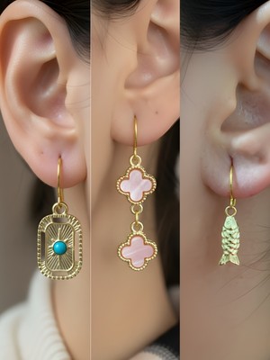 NKT Collection Balık Pembe Yonca Tablet Kutup Yıldızı Sembol Figürlü 3’lü Kadın Küpe Set