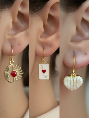 NKT Collection Beyaz Kalp Kupa As Ay Güneş Sembol Figürlü 3’lü Kadın Küpe Set