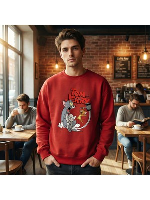 Hena Tom & Jerry Oversized Sweatshirt – Bitmeyen Kovalamaca Başlasın! Kırmızı