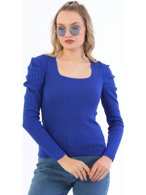 Pinpery Kadın Saxmavi Kolu Pileli Büzgülü Prenses Kol Kare Yaka Bluz Kazak