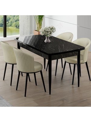 Canisa Asfel Serisi Mdf 77X130 Siyah Mermer Desen Yandan Açılabilir Mutfak Masası Takımı 4 Siy Sandalye