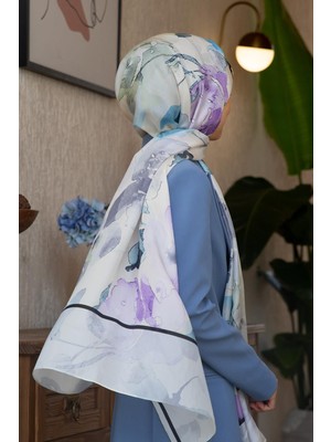 Vissona %100 Ipek Suluboya Çiçek Desenli Gri - Lila Renkli 92X210 Şal