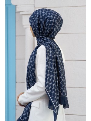 Vissona %100 Ipek Minik Motif Desenli Lacivert - Krem Renkli 92X210 Şal