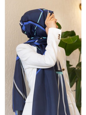 Vissona 100% Ipek Çizgi Desenli Lacivert - Saks Renkli Şal