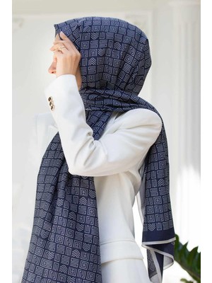Vissona % 100 Ipek Etnik Desenli Lacivert - Krem Renkli Şal