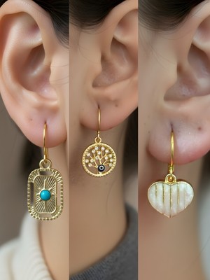 NKT Collection Beyaz Kalp Tablet Kutup Yıldızı Hayat Ağacı Sembol Figürlü 3’lü Kadın Küpe Set