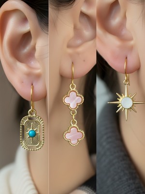 NKT Collection Beyaz Kutup Yıldızı Pembe Yonca Tablet Kutup Yıldızı Sembol Figürlü 3’lü Kadın Küpe Set