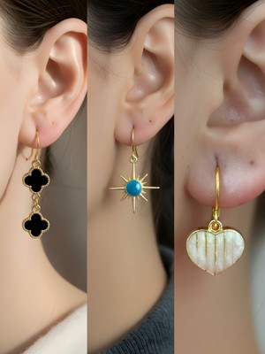 NKT Collection Beyaz Kalp Mavi Kutup Yıldızı Siyah Yonca Sembol Figürlü 3’lü Kadın Küpe Set