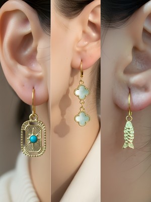 NKT Collection Balık Turkuaz Yonca Tablet Kutup Yıldızı Sembol Figürlü 3’lü Kadın Küpe Set