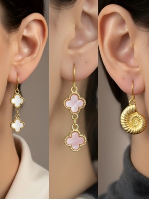 NKT Collection Deniz Kabuğu Pembe Yonca Beyaz Yonca Sembol Figürlü 3’lü Kadın Küpe Set