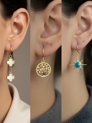 NKT Collection Mavi Kutup Yıldızı Beyaz Yonca Hayat Ağacı Sembol Figürlü 3’lü Kadın Küpe Set