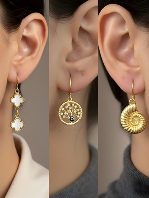 NKT Collection Deniz Kabuğu Beyaz Yonca Hayat Ağacı Sembol Figürlü 3’lü Kadın Küpe Set