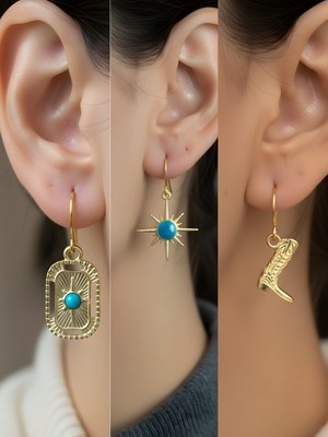 NKT Collection Kovboy Çizmesi Mavi Kutup Yıldızı Tablet Kutup Yıldızı Sembol Figürlü 3’lü Kadın Küpe Set