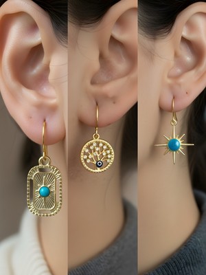 NKT Collection Mavi Kutup Yıldızı Tablet Kutup Yıldızı Hayat Ağacı Sembol Figürlü 3’lü Kadın Küpe Set