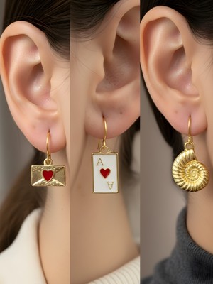 NKT Collection Deniz Kabuğu Kupa As Kalp Zarf Sembol Figürlü 3’lü Kadın Küpe Set