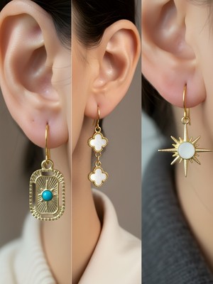 NKT Collection Beyaz Kutup Yıldızı Tablet Kutup Yıldızı Beyaz Yonca Sembol Figürlü 3’lü Kadın Küpe Set